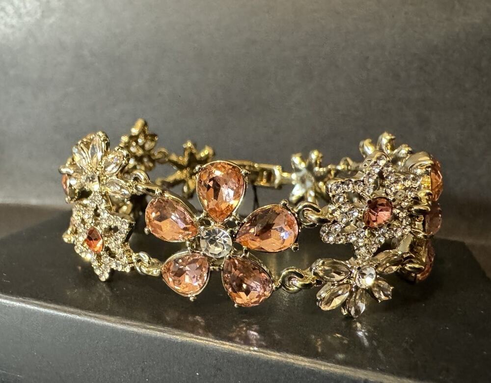Givenchy Gold Tone Peach Vintage Rose Crystal Floral Flex Link Bracelet 7.25"